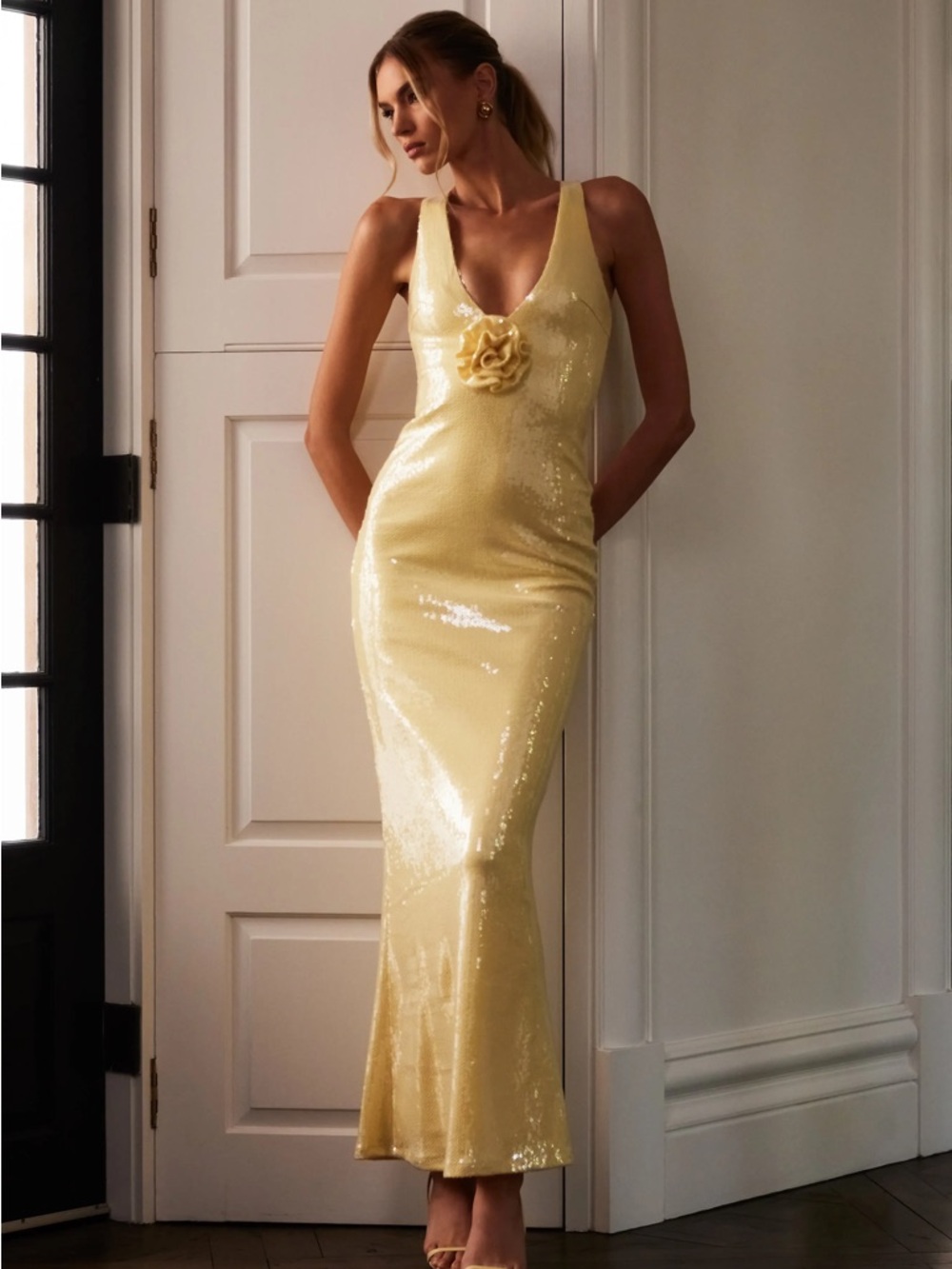 Meshki Yellow Satin Maxi Dress with Floral Detail - Picture 5 of 5